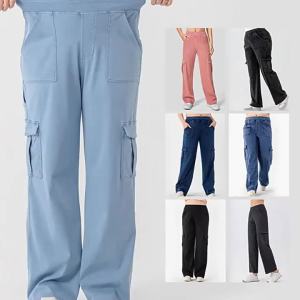Muyafei Women Plus Size High Waist Elastic Denim Cargo Pants Loose Slimming Multi Pocket Comfortable Fashion Casual Trousers