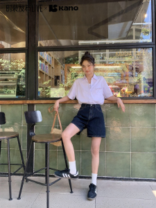 NIHAOKANONG | Quần Short Jean Đùi Rộng Phong Cách Retro Màu Xanh đậm Mùa Hè