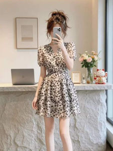 QINGMUZI | Hepburn Style Floral V-Neck Waist-Shaping Summer Dress