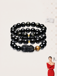 Gift Black Obsidian Bead Jade-Inlaid Gold Charm Bracelet