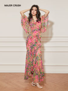 Vintage Pink Floral Luxury Flared Dress High Waist Slimming