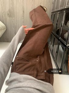 High Waist Loose Fit Brown Denim Workwear Jeans Womens Autumn Winter Drapey Straight Leg Casual Pants Vintage Style Pure Color