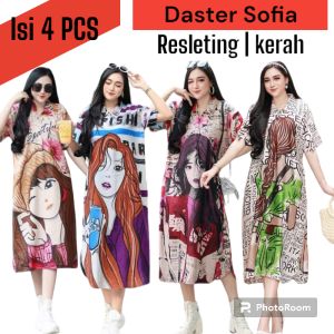 Paket Hemat 4 DASTER SOFIA KARAKTER KEKINIAN DASTER SOFIA KERAH BUSUI ZIPER RAYON ADEM