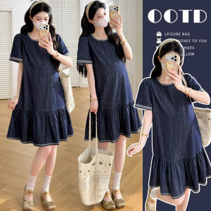 Pregnant Maternity Dress Light Summer Korean Style Heavy Embroidery Jeans Mid-length