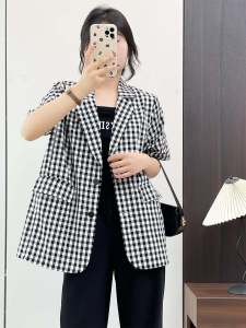 Huiyige Autumn Womens Cotton Short Sleeve Suit Jacket Midi Length Plaid Retro Style Casual Fashion Outerwear Coat