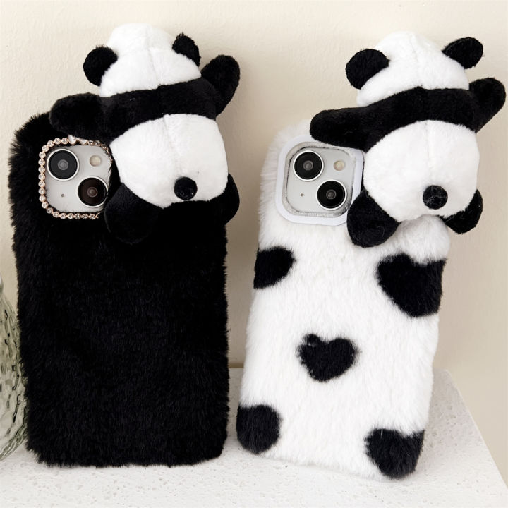 for iPhone 15 14 13 12 11 Pro Max mini X XS XR Plus SE Furry Case,  Cute Soft Lazy Panda Lovely Cartoon Animal Doll Plush Hairy Fur Fluffy  Phone