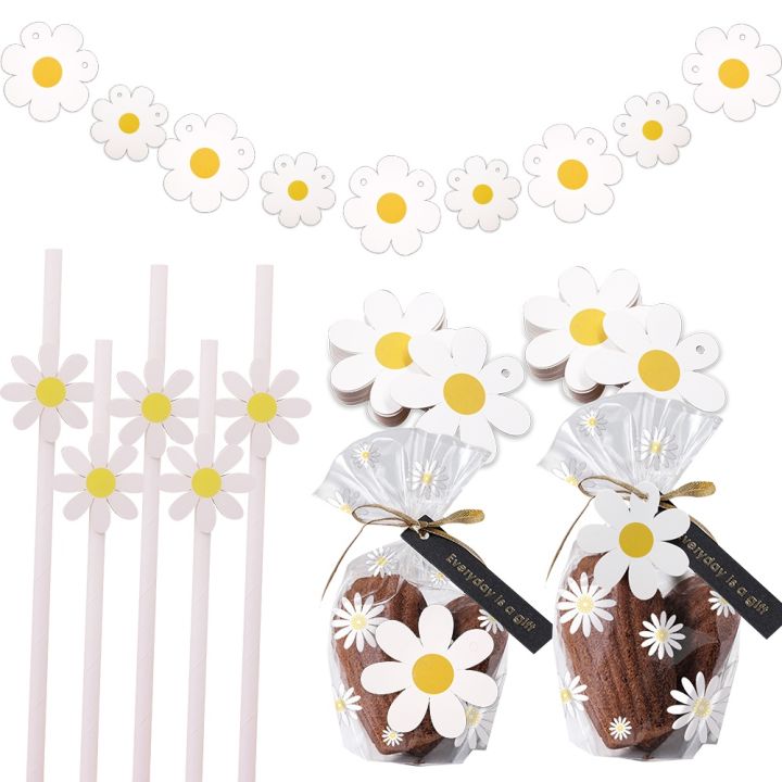 1set Daisy Series Paper Banners Straws Paper Stickers Hanging Lebels