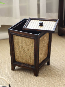 Retro Style Wooden Lid Bin Bamboo Woven Paper Basket Home Living Room Creative Trash Can New Chinese Style Study Waste Basket