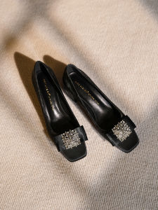 Elegant Chinese Style Square Head Thick Heel High Heels Womens Shoes Butterfly Knot Design Sense Water Diamond Mary Janes Single Shoes