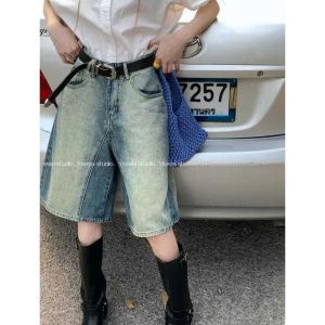American Retro Gradient Vintage Jeans Shorts Womens High Waist Loose Straight Cut Slimming Five-Quarter Pants Summer Wear
