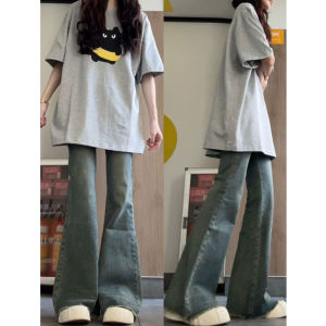 American Retro Cartoon Gray Shoulder Short Sleeve T-Shirt Female Loose Hiphop Trendy Casual Versatile Half-Length Sleeve Top