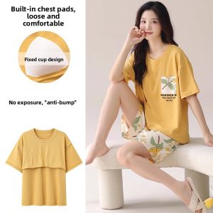 miiow | Pure Cotton Sleepwear Womens Round Neck Home Clothes Set With Chest Pad Short Sleeve Summer New Style Simple Design