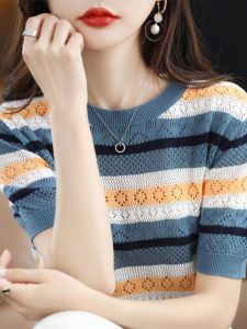 Empty Shelf Sale~ Color Block Half Sleeve T-Shirt Women Loose Retro Pure Cotton Short Sleeve Linen Knitted Top Summer Fashion