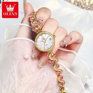 OLEVS Womens Gold Plated Watch with Pink Crystal Accents -Waterproof Elegant Luxury Timepiece for Daily Wear & Gifts | Sparkling Style Watches