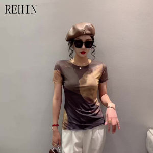 REHIN Womens top New Summer fashion mesh short-sleeved T-shirt round-neck Slim fit S-3XL thin elegant trend blouse