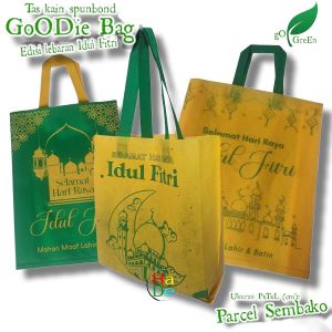 1 Lusinan isi 12 pcs Tas Kain Spunbond Goodie Bag Lebaran Idul Fitri 2025 Ukuran Besar Jumbo / anak kecil Untuk Kantong Bingkisan Souvenir Toples Kue kering Parcel Sembako Parsel Hampers Suvenir THR Motif Kustom Sablon