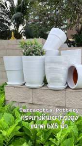 กระถางทรงสูงสไตล์โมเดิร์นสีขาวพร้อมจานรอง ขนาด 6x8 นิ้ว มี 4 แบบให้เลือก กระถางต้นไม้ดินเผาทรงสูง