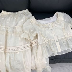 DuXang Evening Fragrance Yuwu Womens Short-Sleeved Cotton Top with Embroidery French Style Mid-Length Skirt Set