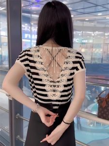 Summer New Design Ice Silk Lace Splice Stripe Knitted Short Sleeve Womens T-shirt Back Hollow out Breathable Comfortable Top