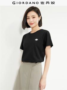 Giordano Pure Cotton Short Sleeve T-Shirt Womens Casual round Neck Embroidery Top Summer New Style Ageless Female Shirt