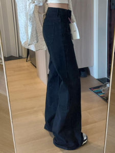 กางเกงยีนส์ขาบานเอวต่ำสีดำสำหรับผู้หญิง ฤดูใบไม้ร่วง 2024 กางเกงขายาวลำลองลำลองทรงสลิมฟิต กางเกงยีนส์ทรงขากว้าง