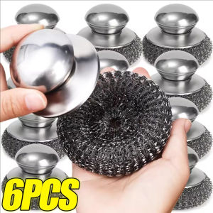 6Pcs Stainless Steel Kitchen Pot Brush with Handle Wire Ball Cleaning Tools Replaceable Brush Head Home Kitchen Dish Washing Accessories