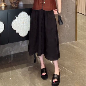 Shalldoer | Váy midi màu đen co giãn thời trang cho nữ mùa hè 2025 Váy midi đa năng phong cách Trung Hoa mới Váy midi chữ A cạp cao