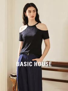 Basic House | Black Off-Shoulder Neck Hugging T-Shirt