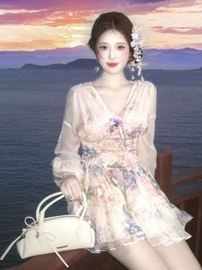 French Gentle Style V-neck Floral Print Tea Break Dress Summer Popular New Style Soft Fabric Long Sleeve Womens Dress