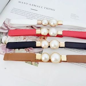 Thắt Lưng Phối Hạt Ngọc Hai Màu Bản Nhỏ Khóa Cài Hợp Kim Đai Eo Nữ Co Giãn Kiểu Dáng Tinh Tế Phong Cách Thanh Lịch