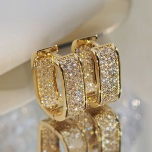 Huitan Gold Color Full Paved CZ Hoop Earrings for Women Wide Band Accessories Luxury Wedding Party Fashion Chic Ear Jewelry Gift