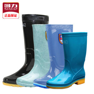 Warrior รองเท้ากันฝนผู้หญิงรองเท้าบูทกันฝนสีดำระดับเหนือข้อเท้าสำหรับผู้ใหญ่รองเท้ากันน้ำทรงสูงรองเท้าใส่ในห้องครัวพื้นยาง TPR วัยกลางคนบุฝ้ายรองเท้ายาง