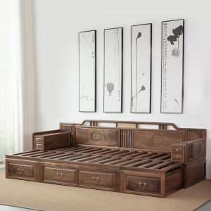 Modern Minimalist Black Walnut Wood Expandable Living Room Sofa Bed Combination Traditional Chinese Style with Storage Function
