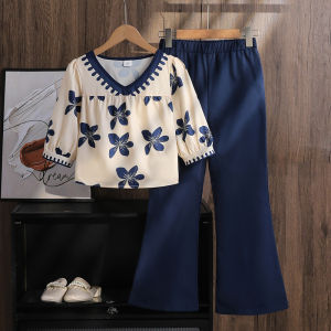 Girls 8-12 Beige & Navy Daily Casual Set Front V-Neck Floral Print Puff Sleeve Top & Matching Flared Pants Daily Kids Outfit