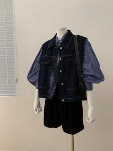Retro Japanese Style Blue Denim Vest Set Spring Autumn Plaid Shirt Layering Vest Two Piece Set Womens Fashion Ensemble