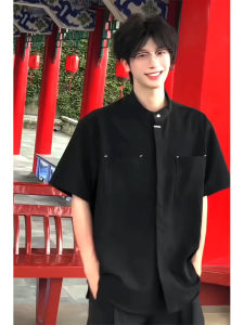 New Chinese Style Ice Silk Short Sleeve Shirt Mens Summer Engagement Workwear Stand Collar Breathable Polyester Fiber Shirt