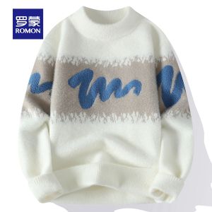 ROMON | Áo len dệt kim cổ tròn dày dặn rộng rãi thời trang mùa đông cho nam Áo sơ mi lót lông cừu thường ngày thoải mái thoáng khí