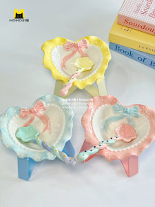 จานกินข้าวแมวแบบหัวใจเซรามิกพร้อมโบว์ผีเสื้อ จานกินข้าวแมวแบบสูง จานกินอาหารhamster จานกินข้าวแบบเรียบง่าย