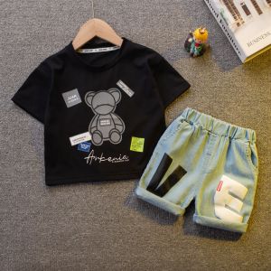 Bayi Anak laki laki Kaos Beruang Trendi Celana pendek denim Kapas Jas Baju Katun Pakaian Setelan