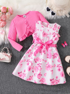 Childrens clothing girl autumn fashion casual pink floral dress set 2-piece set - pink round neck vest+pink floral skirt