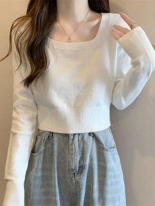 High Waist Short Knit Sweater for Women Long Sleeve Square Collar Base Top Spring Autumn Design Korean Style Commute Pure Color