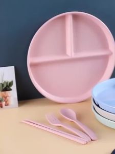 2PCS 3-grid Round Plate Microwave Safe Child Friendly Wheat Straw Platter Dinner Plate Breakfast Snack Tray
