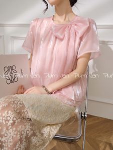 PlumJan | Áo Sơ Mi Tay Ngắn Phong Cách Pháp có Nơ Duyên Dáng cho Phụ Nữ