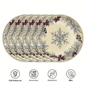 VIKAMA 6PC Red Holly Snowflake Meal Mat Trang Trí Bàn Tiệc Giáng Sinh Chống Mài Mòn Dễ Dàng Chăm Sóc Tấm Lót Bằng Vải Polyester Cho Nhà Hàng Quán Cà Phê