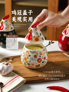 Retro Chicken Ceramic Seasoning Jar Salt Storage Box Kitchen Oil Hot Pepper Spice Container Chinese Style Home Use Sauce Pot