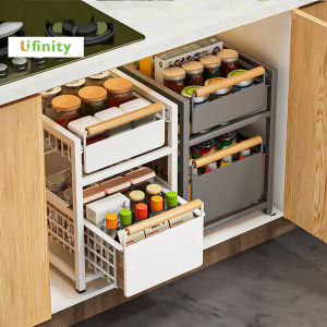 Lifinity ชั้นวางของใต้อ่างล้างจาน ไม่จำเป็นต้องติดตั้ง แบบลิ้นชักพร้อมรางเลื่อน ชั้นวางของแบบดึงผลักบนตู้และใต้ตู้