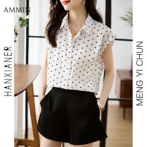 AMMIN Korean style commuter lapel heart-shaped printed short-sleeved chiffon shirt woman 2023 summer new single-breasted OL elegant blouse