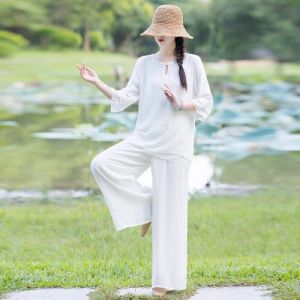 Retro Zen Tea Ceremony Cotton Linen Yoga Tai Chi Womens Large Size Suit Comfortable Breathable round Neck Pullover Top