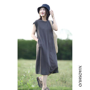 Lazy Casual Unique Design Loose Slimming T-shirt Dress Summer Cotton round Neck Short Sleeve Womens Fashion Body Shaping