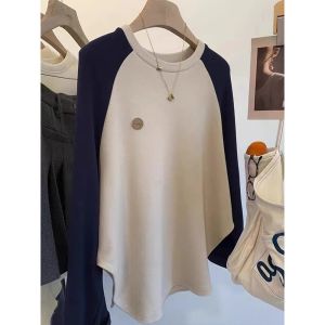 Plus Size Ladies Plus Size 120.00kg Dralon Thickened Bottoming Shirt Womens Fall and Winter American Retro Raglan Sleeve Bandage Dress Long Sleeves T-Shirt Fashion